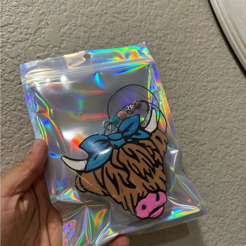 Cute Highland Cow Keychain with Blue Bow